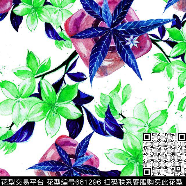 热带冰块花卉薄荷叶数码印花华亿平台下载（图片编号: 661296） - 瓦栏（Walan）