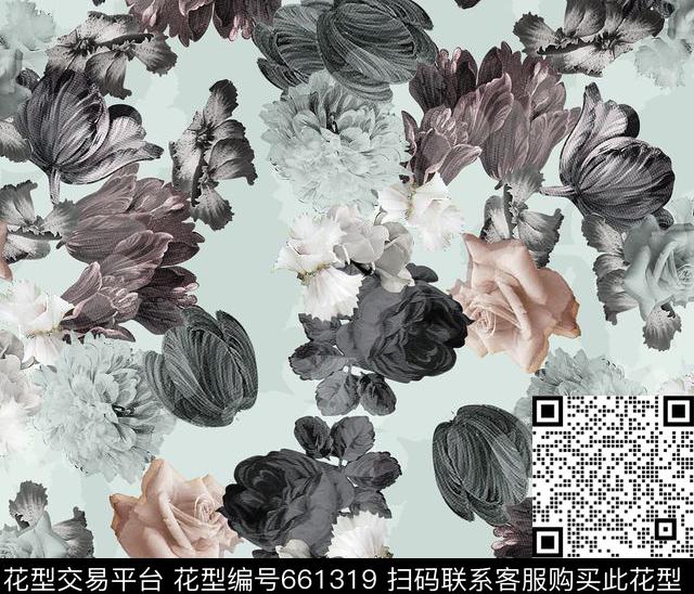 淡雅花清爽花康乃馨罂粟花数码印花华亿平台下载（图片编号: 661319） - 瓦栏（Walan）