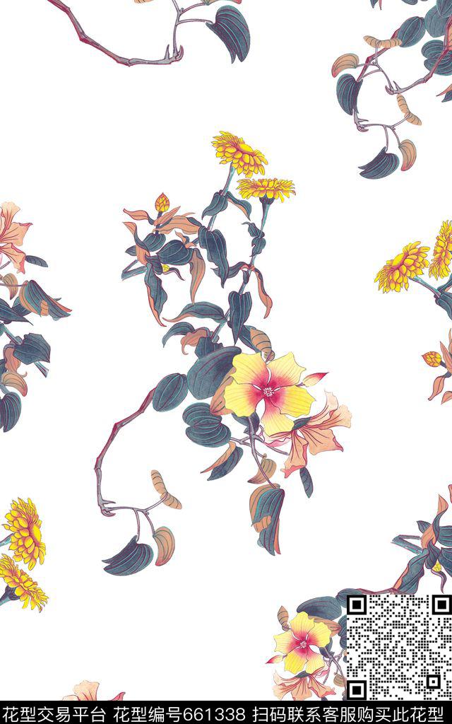 中国风花卉水墨数码印花华亿平台下载（图片编号: 661338） - 瓦栏（Walan）