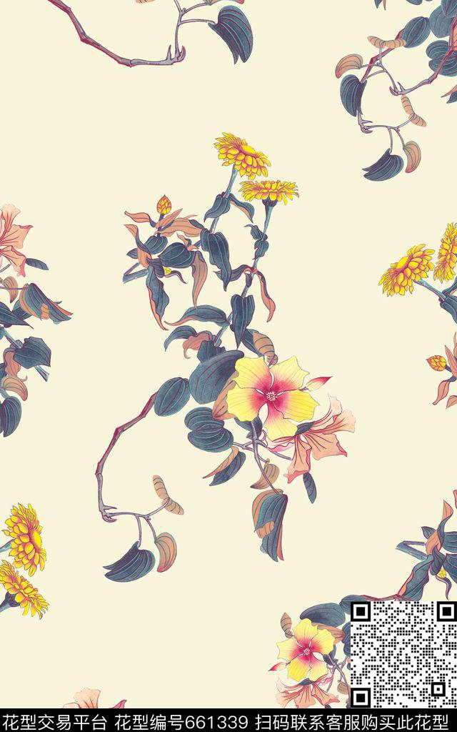 中国风花卉水墨数码印花华亿平台下载（图片编号: 661339） - 瓦栏（Walan）