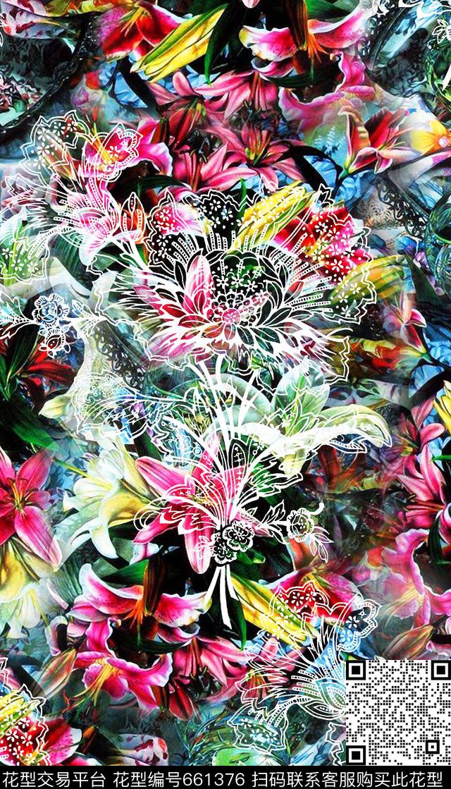 写实油画花卉蕾丝数码印花华亿平台下载（图片编号: 661376） - 瓦栏（Walan）