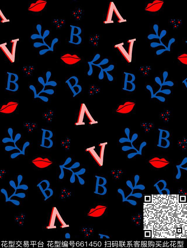 英文字母植物人物红唇数码印花华亿平台下载（图片编号: 661450） - 瓦栏（Walan）