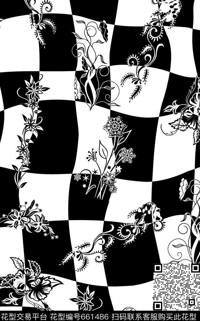 2017年春夏女装格子花卉格子线条传统印花华亿平台下载（图片编号: 661486） - 瓦栏（Walan）