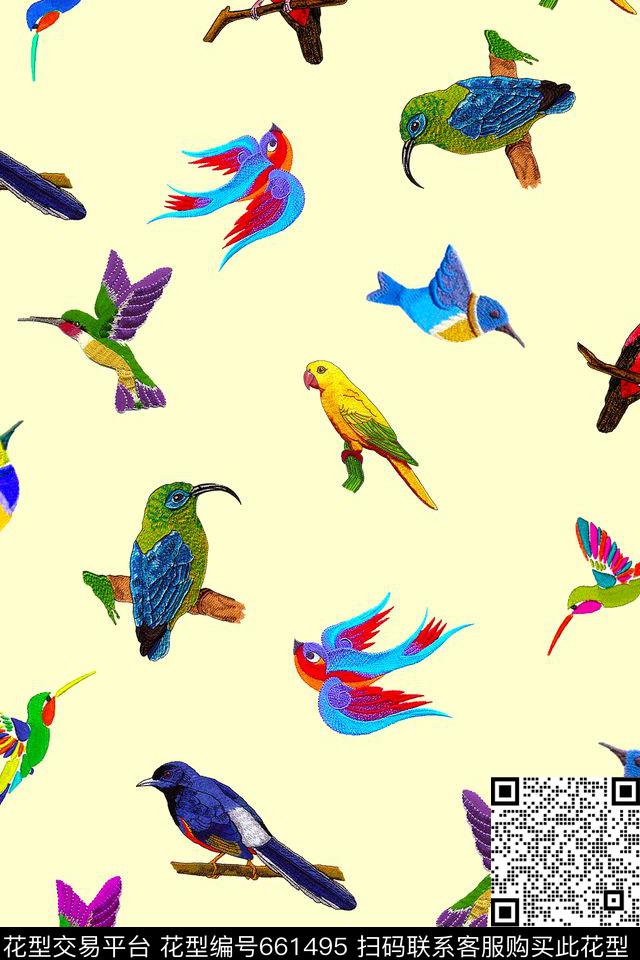 鸟绣花连衣裙数码印花华亿平台下载（图片编号: 661495） - 瓦栏（Walan）
