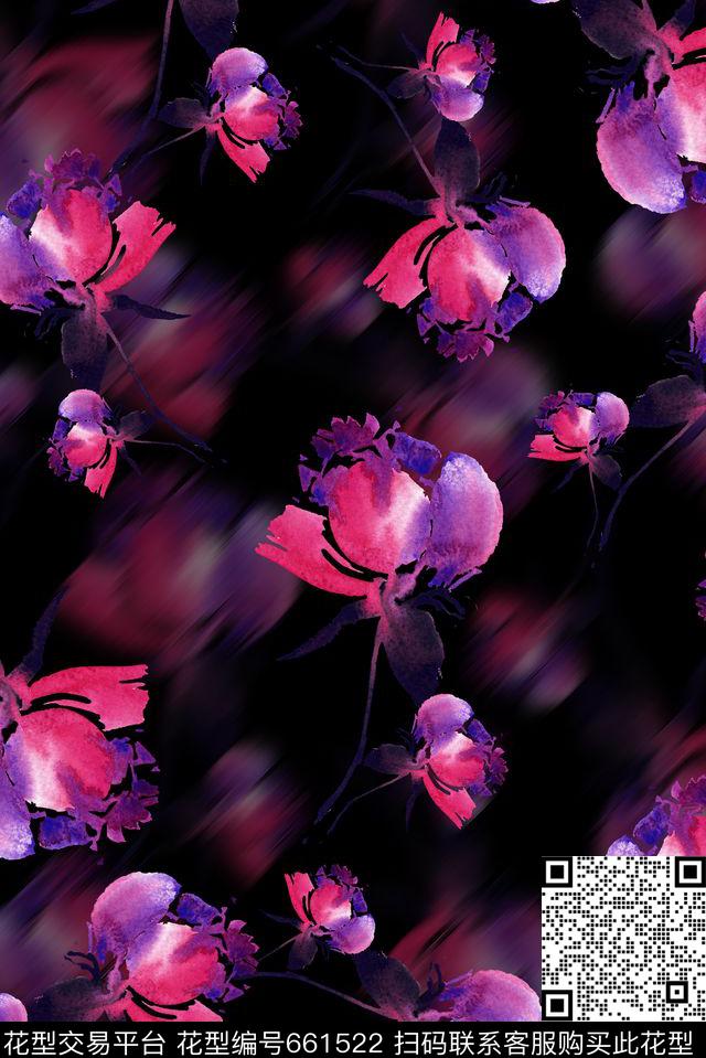 时尚抽象手绘水彩花卉数码印花时尚潮流女装裙子外套花朵彩绘印花渐变朦胧印花数码印花华亿平台下载（图片编号: 661522） - 瓦栏（Walan）