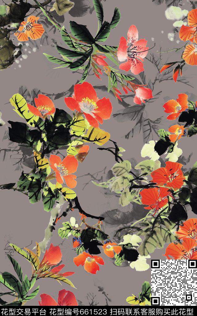 中国风国画牡丹数码印花华亿平台下载（图片编号: 661523） - 瓦栏（Walan）