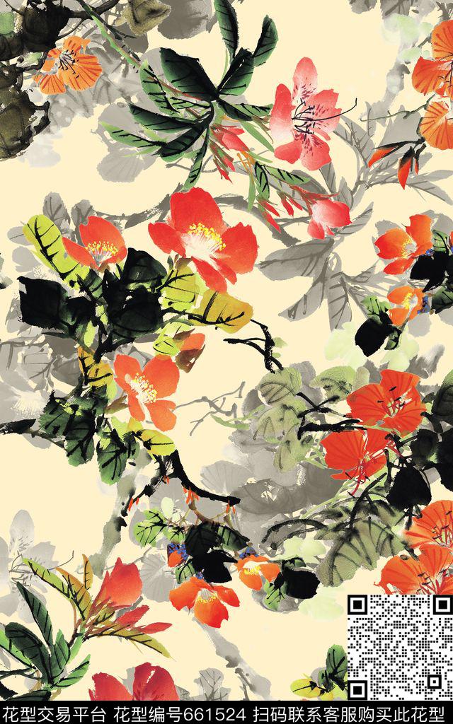 中国风国画牡丹数码印花华亿平台下载（图片编号: 661524） - 瓦栏（Walan）