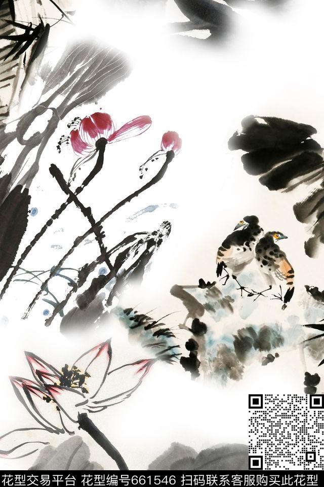 水墨荷花中国风绘画数码印花华亿平台下载（图片编号: 661546） - 瓦栏（Walan）
