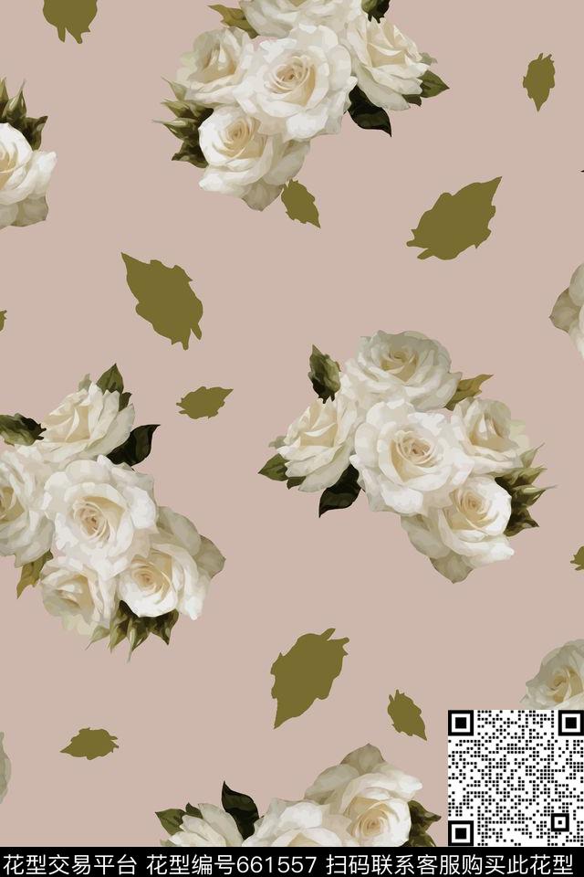 花卉手绘叶子数码印花华亿平台下载（图片编号: 661557） - 瓦栏（Walan）