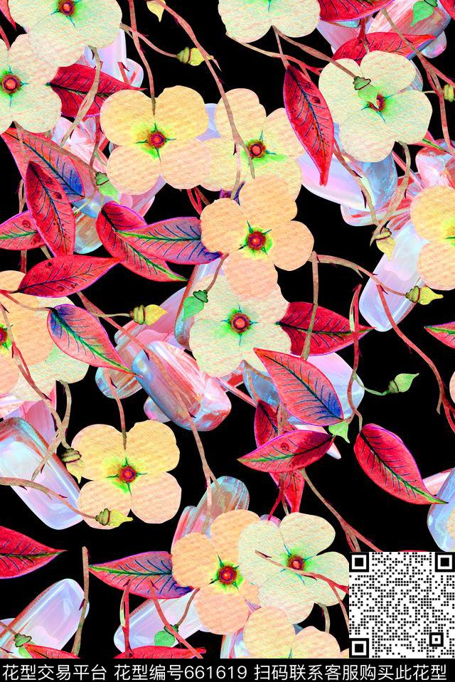 时尚潮流手绘水彩画植物数码印花春夏清爽女装裙子花朵几何印花雪纺真丝棉布料印花数码印花华亿平台下载（图片编号: 661619） - 瓦栏（Walan）