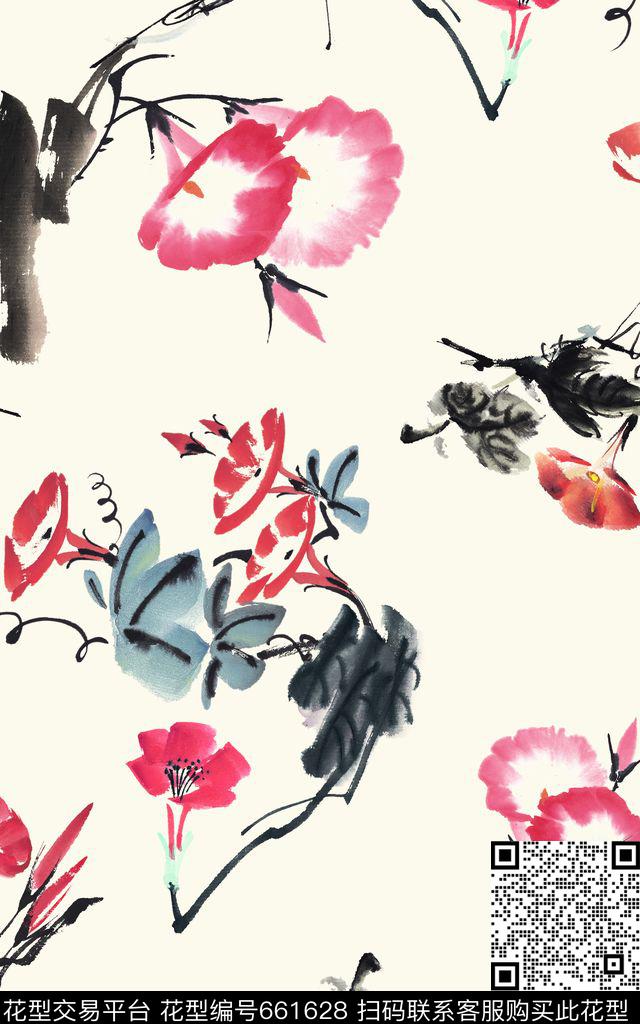 中国风喇叭花国画数码印花华亿平台下载（图片编号: 661628） - 瓦栏（Walan）