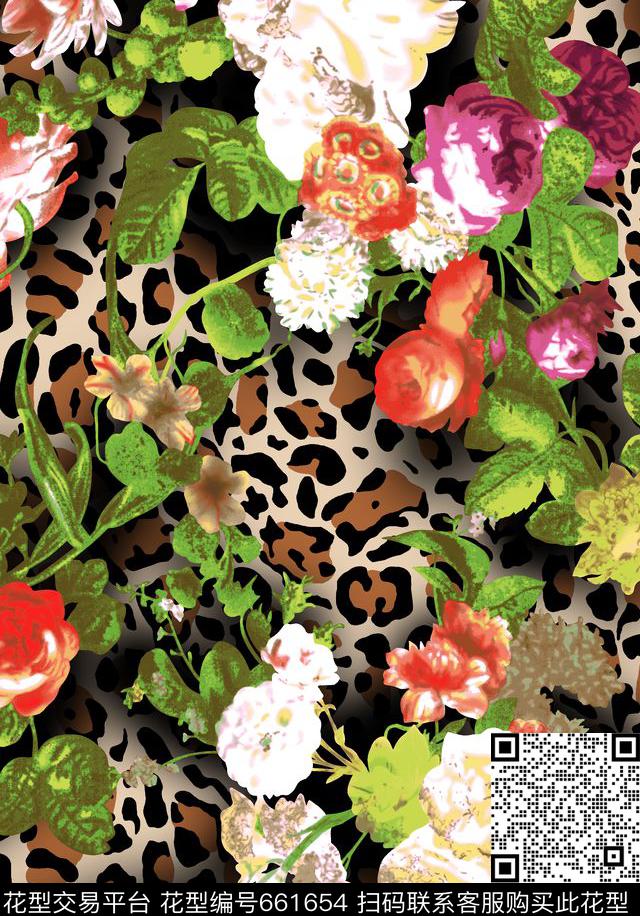 动物纹玫瑰花朵数码印花华亿平台下载（图片编号: 661654） - 瓦栏（Walan）