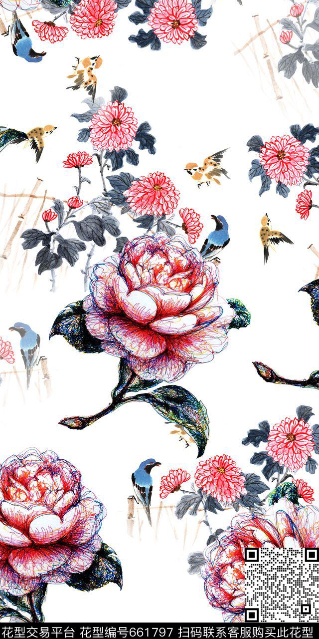 抽象花手绘简笔数码印花华亿平台下载（图片编号: 661797） - 瓦栏（Walan）