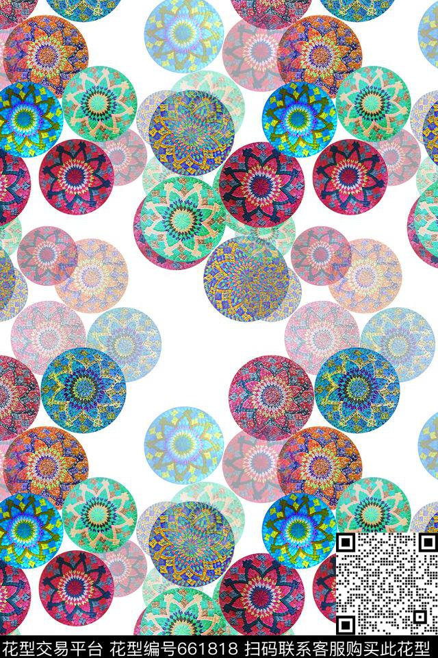 圆圈组合圆圈与波点民族风图案数码印花华亿平台下载（图片编号: 661818） - 瓦栏（Walan）