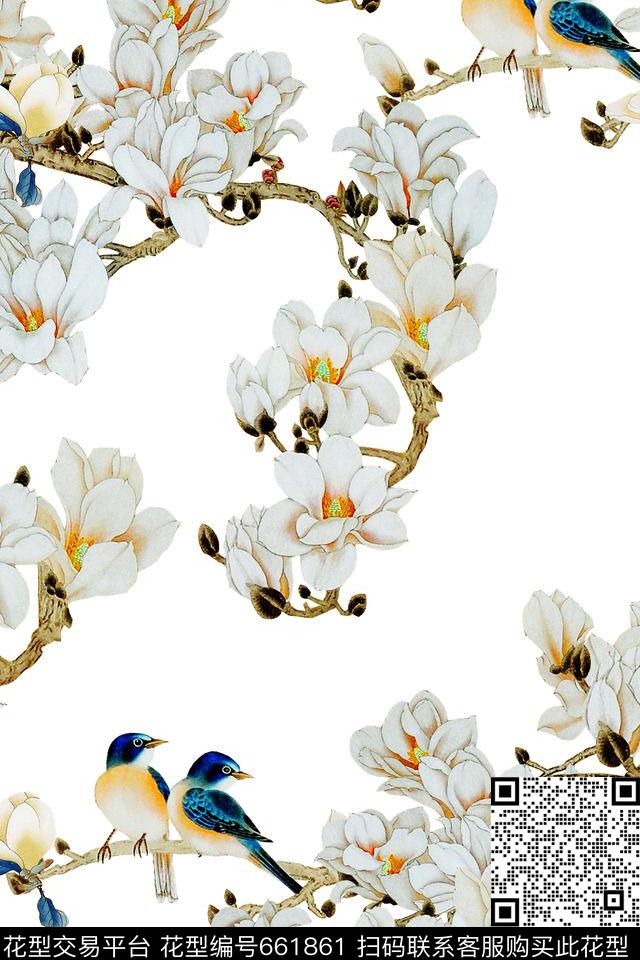 玉兰花花鸟花朵数码印花华亿平台下载（图片编号: 661861） - 瓦栏（Walan）