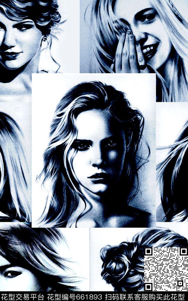 时尚抽象手绘人物头像数码印花时尚潮流国际大牌女装裙子长裙外套夹克卫衣印花流行时尚男装T恤卫衣满版抽象印花数码印花华亿平台下载（图片编号: 661893） - 瓦栏（Walan）