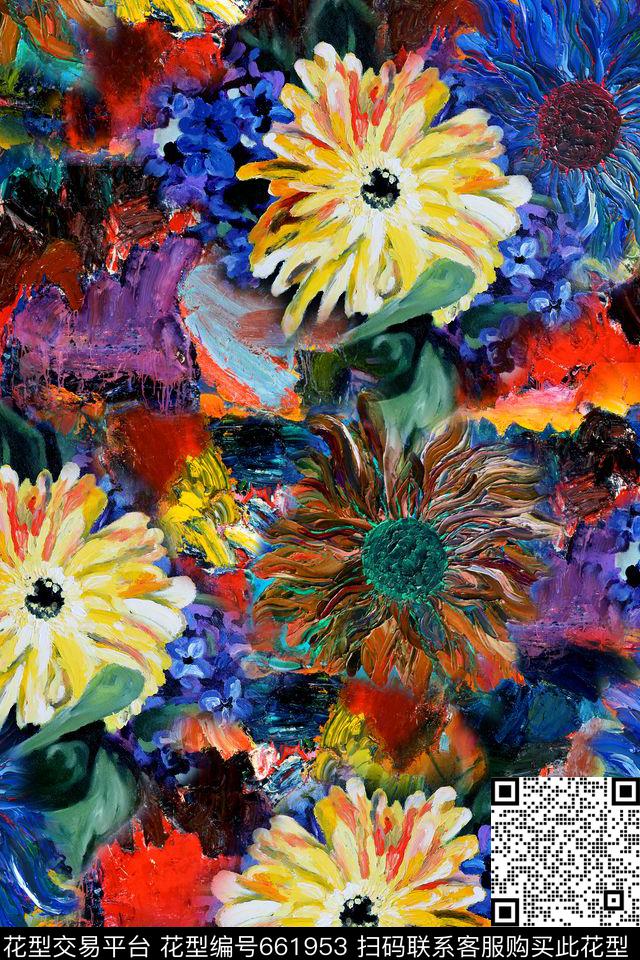 抽象油画花卉数码印花华亿平台下载（图片编号: 661953） - 瓦栏（Walan）