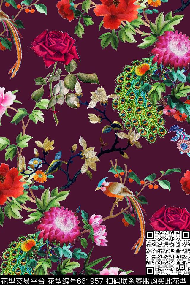 中国风花卉孔雀数码印花华亿平台下载（图片编号: 661957） - 瓦栏（Walan）
