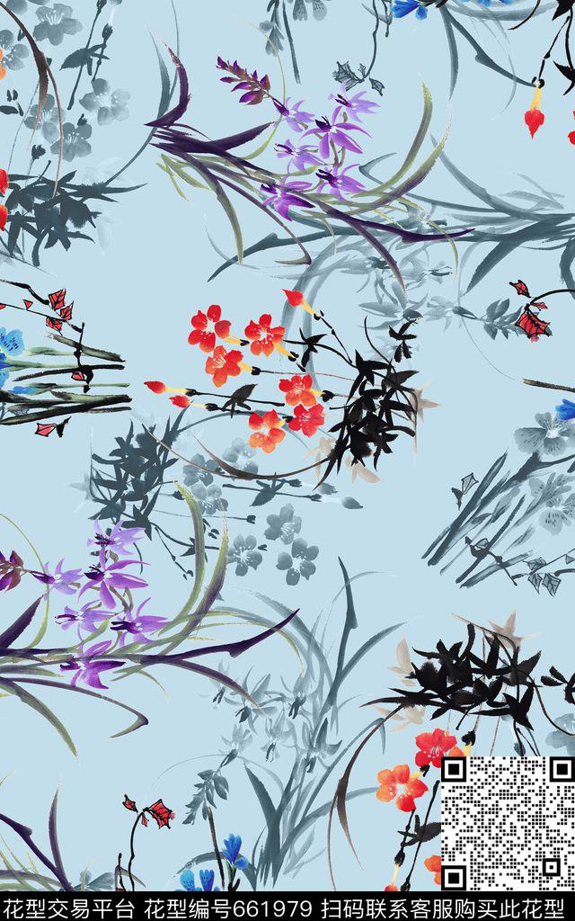 水仙花中国风兰花数码印花华亿平台下载（图片编号: 661979） - 瓦栏（Walan）