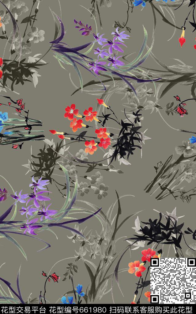 水仙花中国风兰花数码印花华亿平台下载（图片编号: 661980） - 瓦栏（Walan）