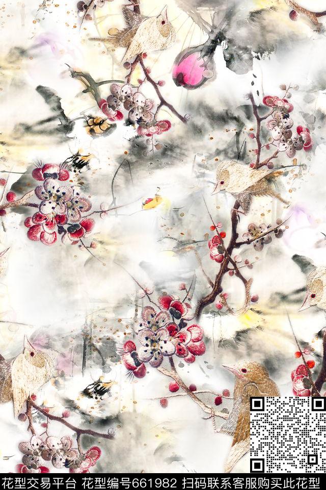 水墨花卉刺绣数码印花华亿平台下载（图片编号: 661982） - 瓦栏（Walan）