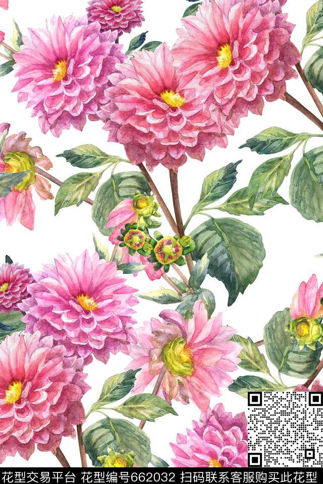 手绘菊花花卉数码印花华亿平台下载（图片编号: 662032） - 瓦栏（Walan）