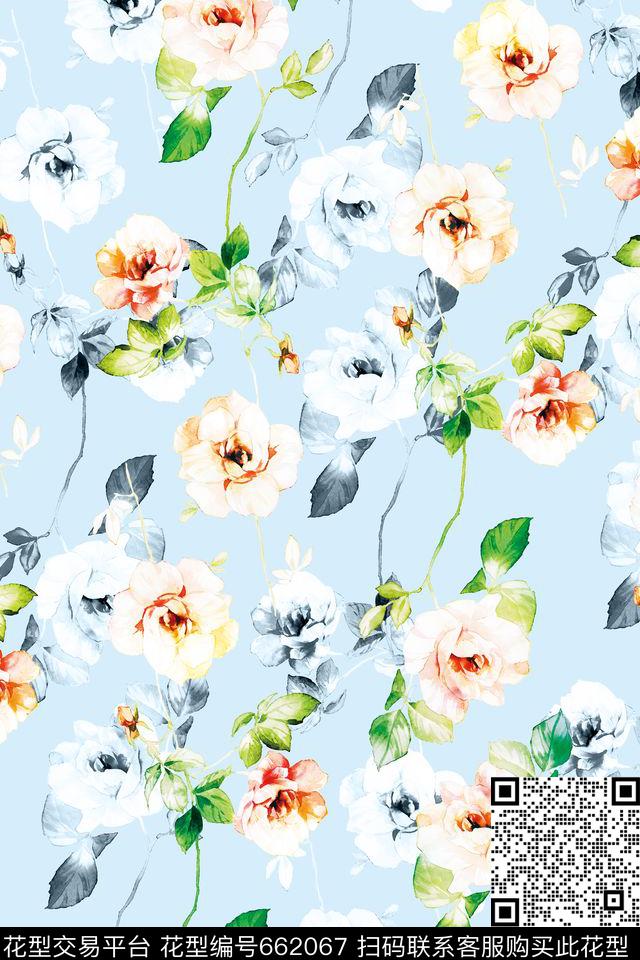 水彩彩色玫瑰数码印花华亿平台下载（图片编号: 662067） - 瓦栏（Walan）