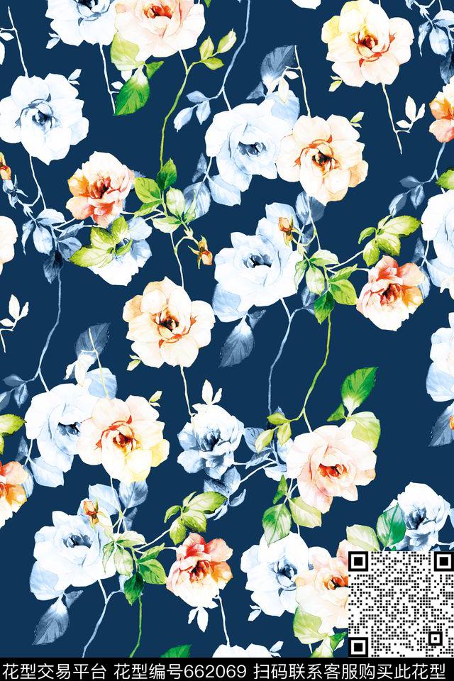 水彩彩色玫瑰数码印花华亿平台下载（图片编号: 662069） - 瓦栏（Walan）