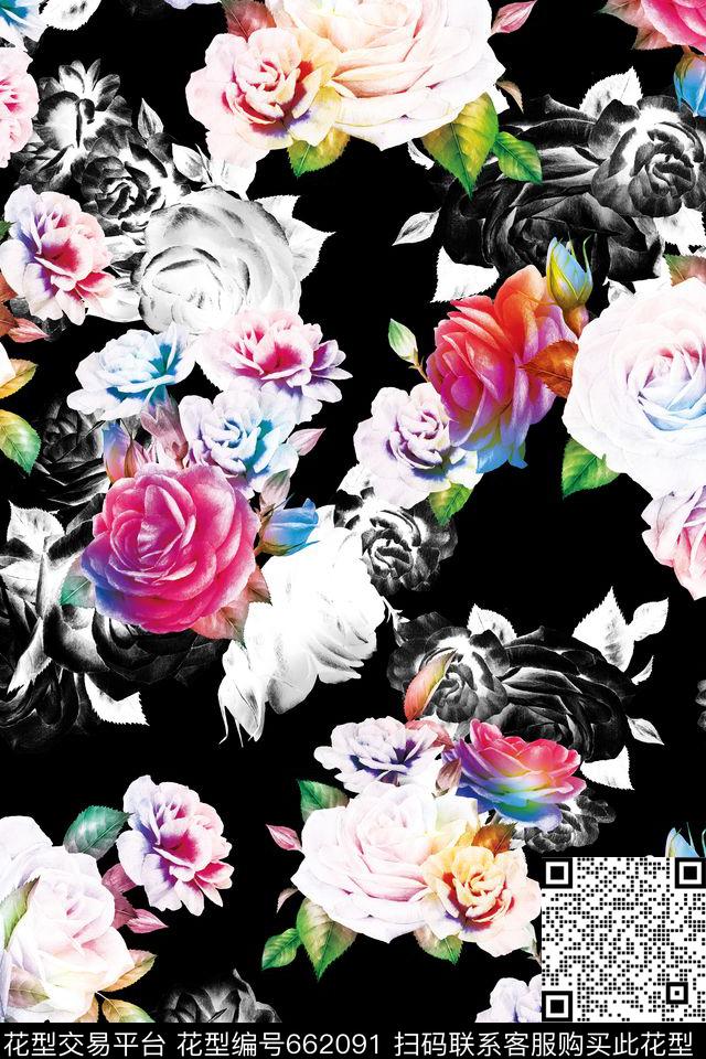 花卉玫瑰花朵数码印花华亿平台下载（图片编号: 662091） - 瓦栏（Walan）