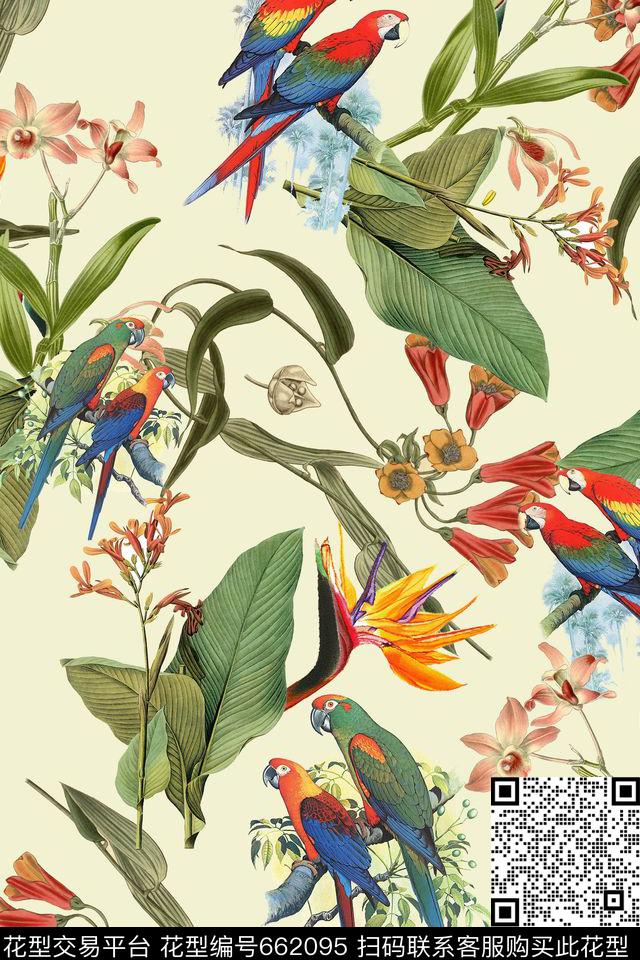 花卉热带鹦鹉数码印花华亿平台下载（图片编号: 662095） - 瓦栏（Walan）