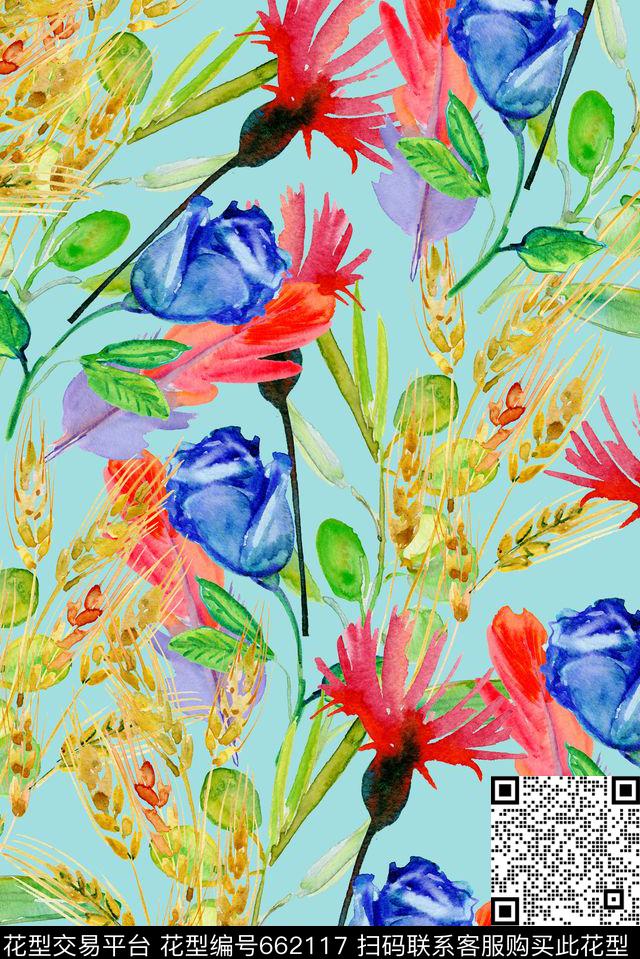 手绘花卉麦穗数码印花华亿平台下载（图片编号: 662117） - 瓦栏（Walan）