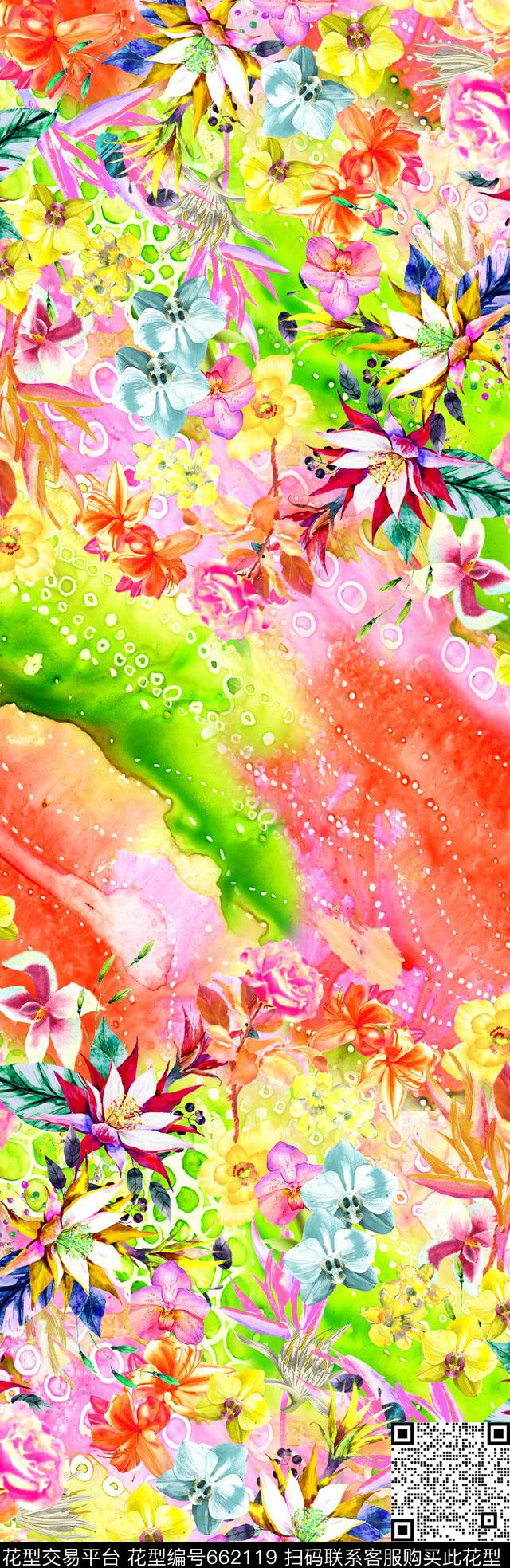 花卉水彩手绘数码印花华亿平台下载（图片编号: 662119） - 瓦栏（Walan）