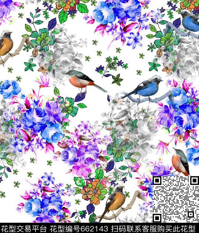 牡丹玫瑰花鸟传统印花华亿平台下载（图片编号: 662143） - 瓦栏（Walan）