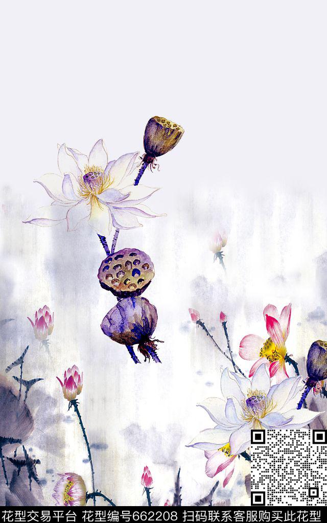 时尚潮流女装裙子长裙定位手绘荷花水墨画数码印花时尚潮流中国风荷塘手绘印花数码印花华亿平台下载（图片编号: 662208） - 瓦栏（Walan）