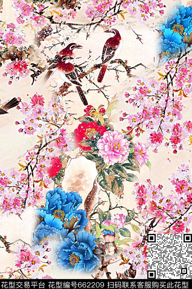 时尚潮流手绘彩绘梅花花鸟牡丹花数码印花时尚抽象手绘女装裙子旗袍水墨画中国风印花数码印花华亿平台下载（图片编号: 662209） - 瓦栏（Walan）
