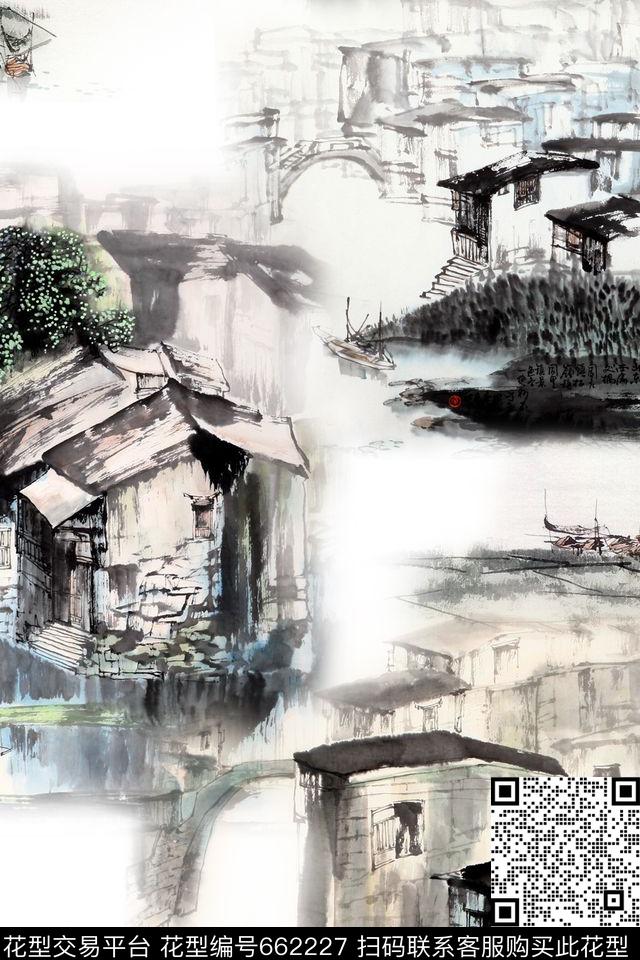 水墨风景建筑民居国画数码印花华亿平台下载（图片编号: 662227） - 瓦栏（Walan）