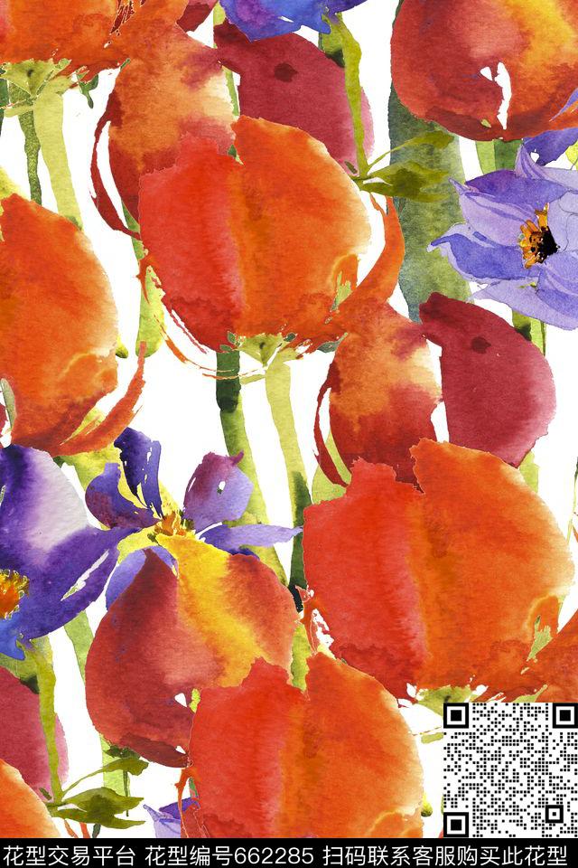 手绘水彩玉兰花郁金香数码印花华亿平台下载（图片编号: 662285） - 瓦栏（Walan）
