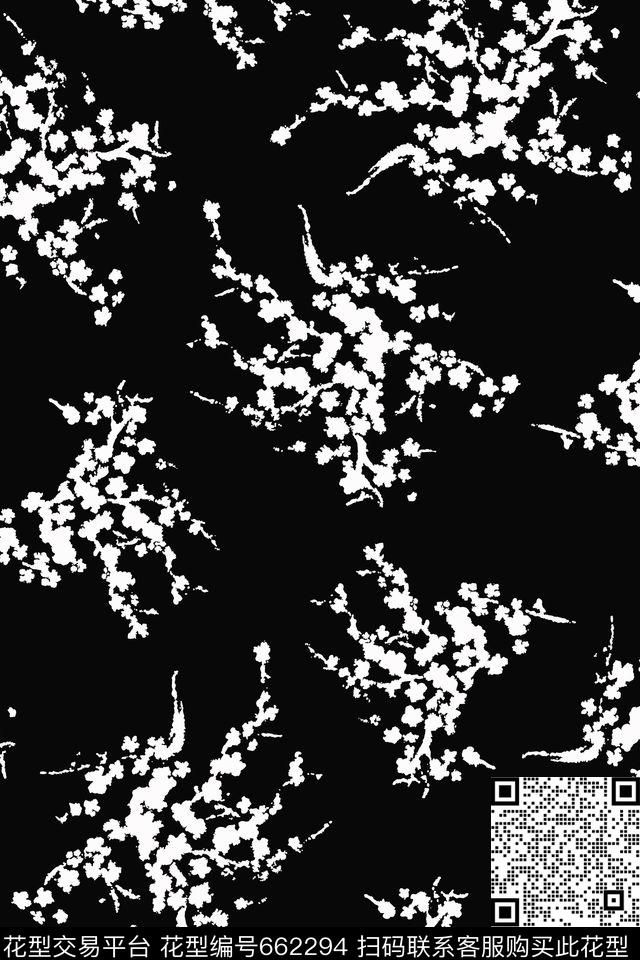 黑白花卉时尚传统印花华亿平台下载（图片编号: 662294） - 瓦栏（Walan）