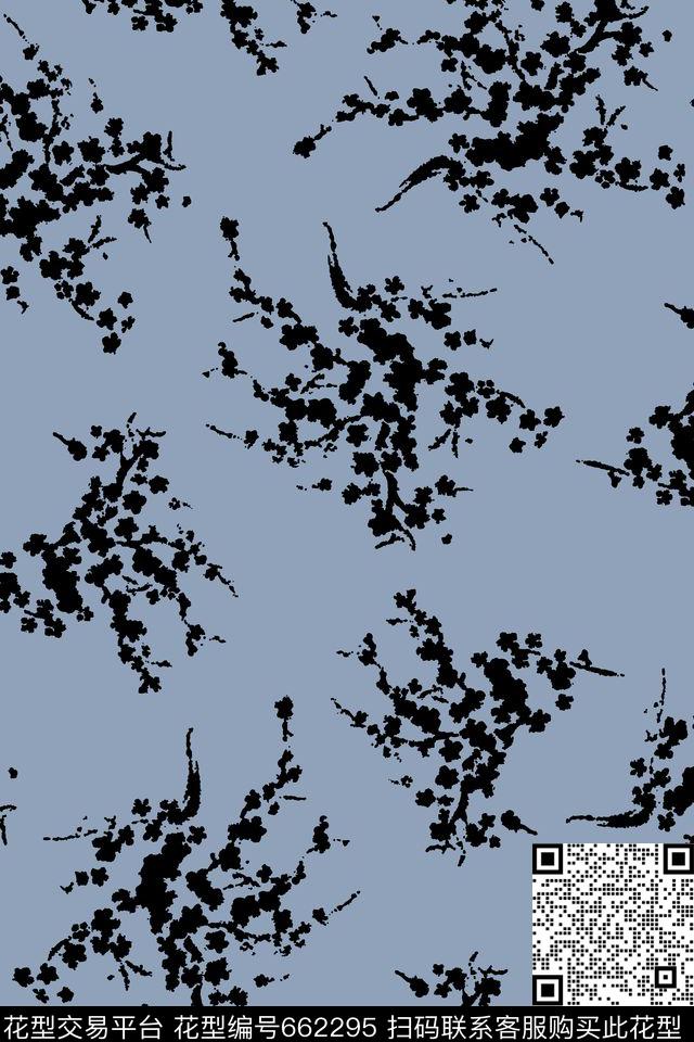 黑白花卉时尚传统印花华亿平台下载（图片编号: 662295） - 瓦栏（Walan）