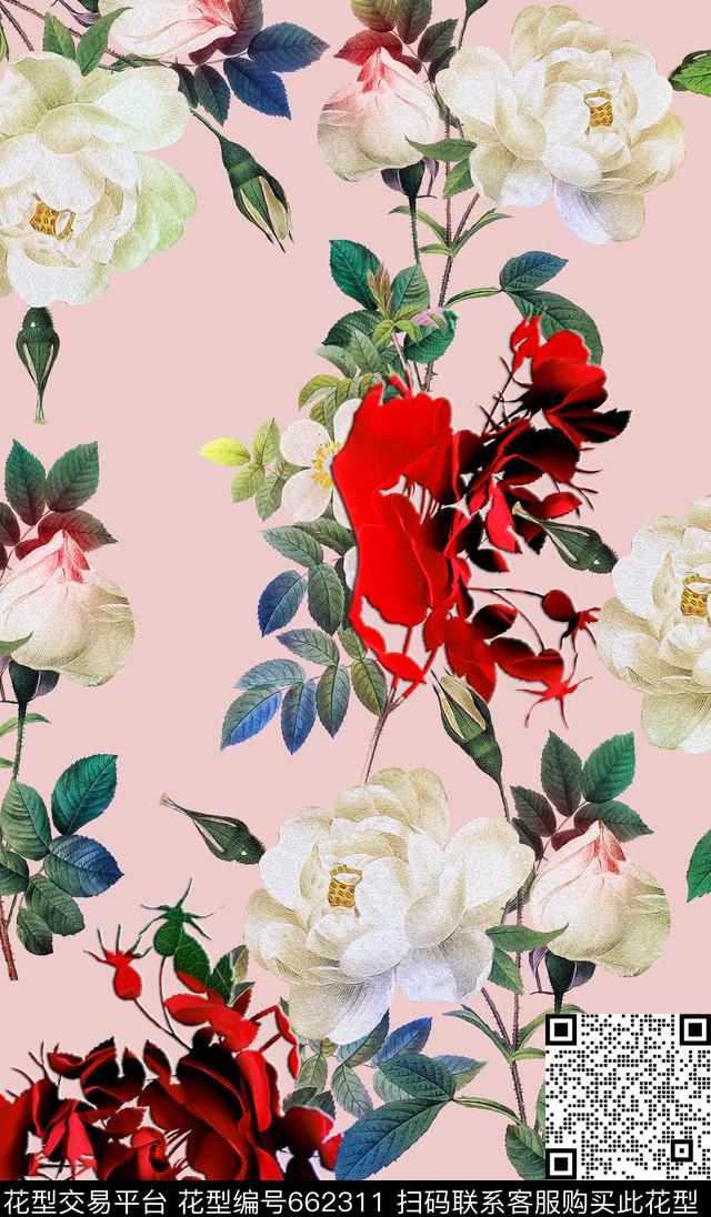 面料花大花玫瑰数码印花华亿平台下载（图片编号: 662311） - 瓦栏（Walan）