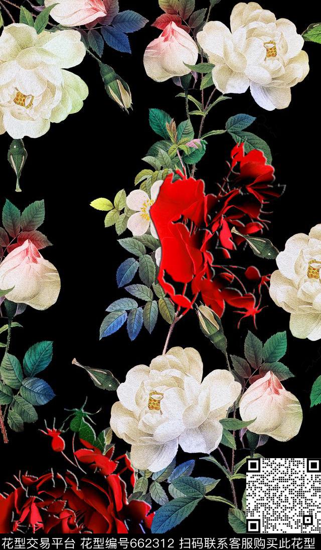 面料花大花玫瑰数码印花华亿平台下载（图片编号: 662312） - 瓦栏（Walan）