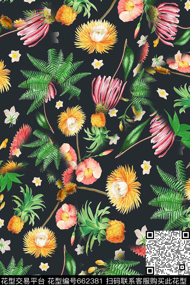 热带花卉树叶数码印花华亿平台下载（图片编号: 662381） - 瓦栏（Walan）