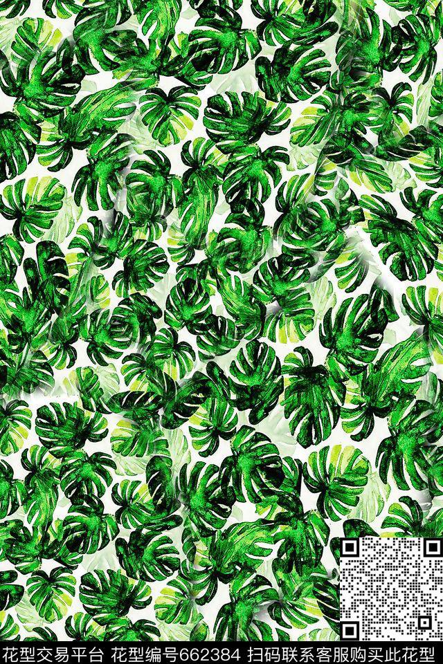 叶子龟背竹手绘数码印花华亿平台下载（图片编号: 662384） - 瓦栏（Walan）