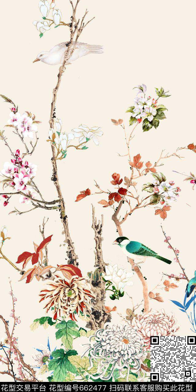 中国风工笔花鸟数码印花华亿平台下载（图片编号: 662477） - 瓦栏（Walan）