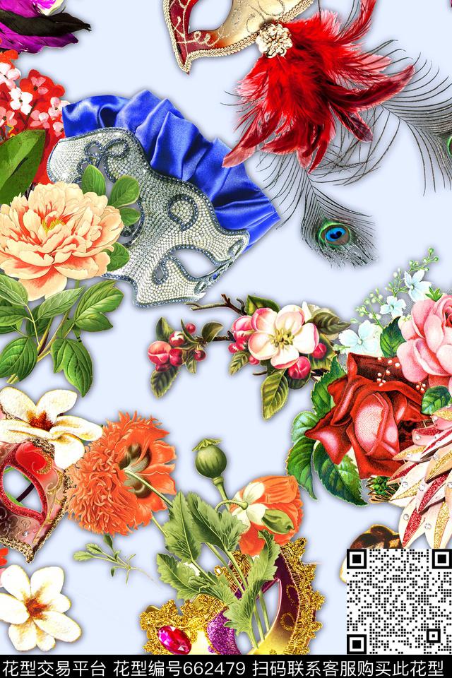 花卉面具羽毛数码印花华亿平台下载（图片编号: 662479） - 瓦栏（Walan）