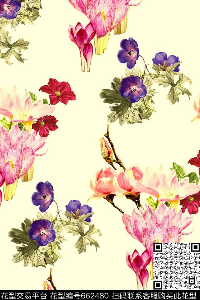 时尚手绘花卉数码印花华亿平台下载（图片编号: 662480） - 瓦栏（Walan）