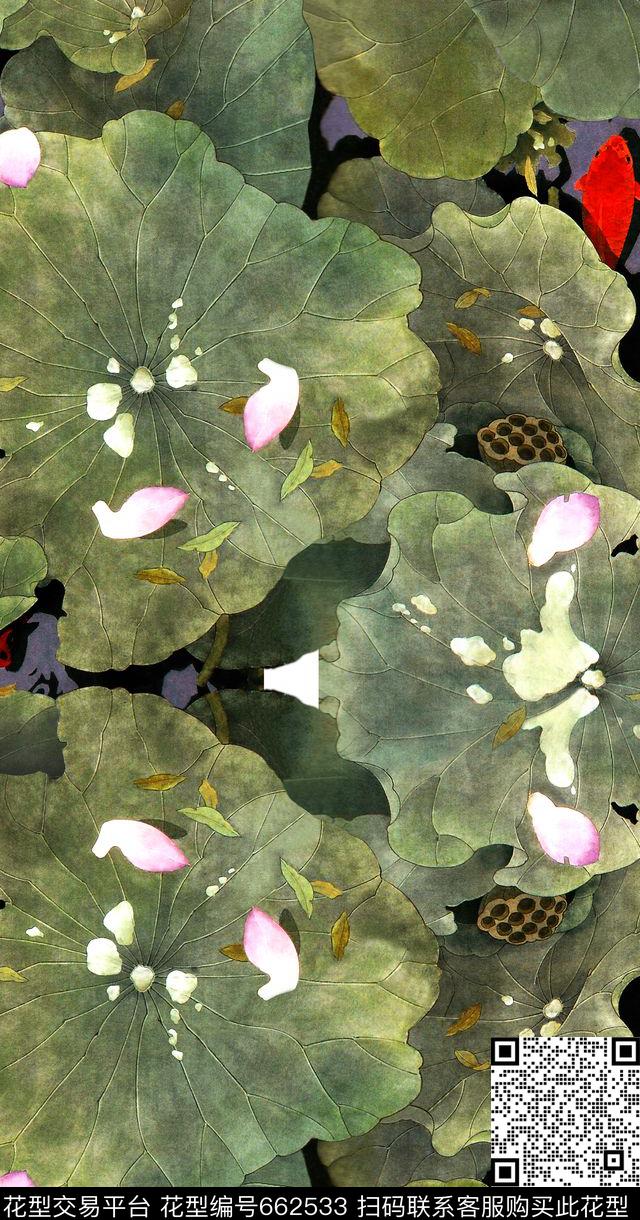 国画中国风荷花数码印花华亿平台下载（图片编号: 662533） - 瓦栏（Walan）