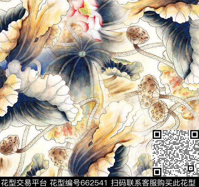花卉中国风荷花数码印花华亿平台下载（图片编号: 662541） - 瓦栏（Walan）
