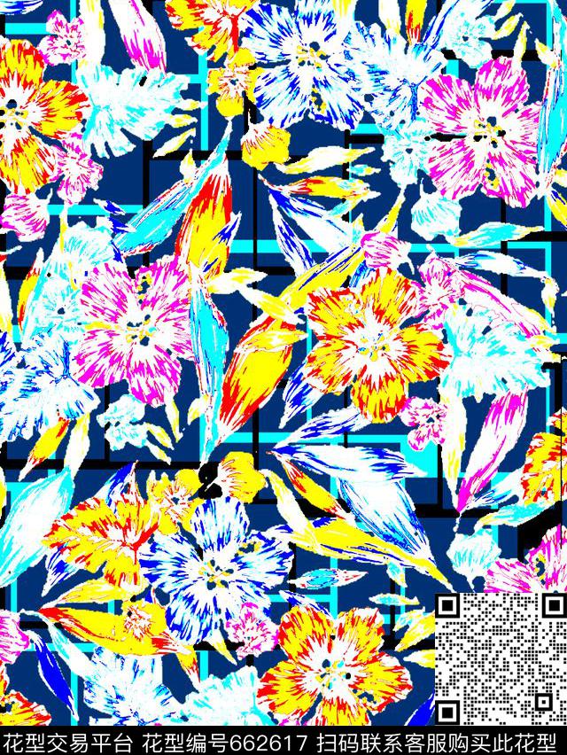 方格几何花朵传统印花华亿平台下载（图片编号: 662617） - 瓦栏（Walan）