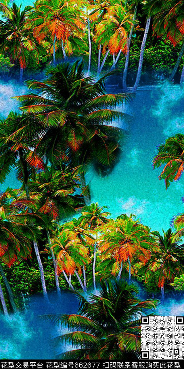 椰树天空风景数码印花华亿平台下载（图片编号: 662677） - 瓦栏（Walan）